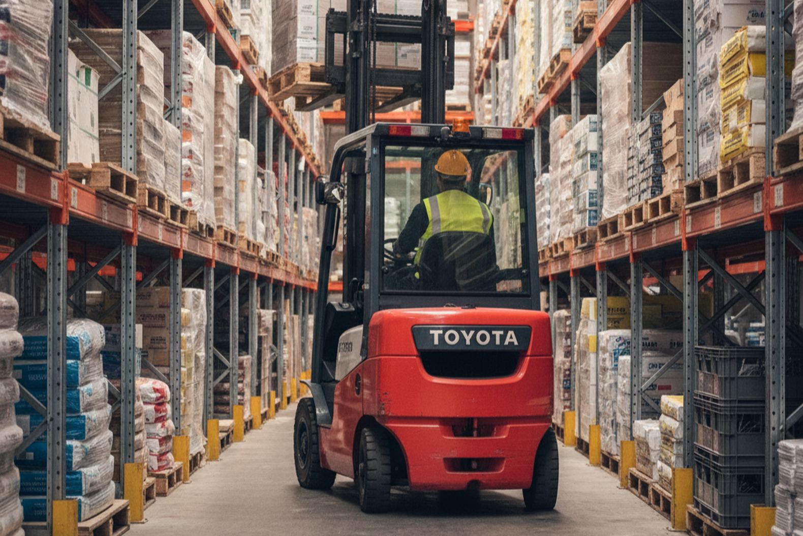 Работа погрузчика Toyota 8FG35 между стеллажами на промышленном складе