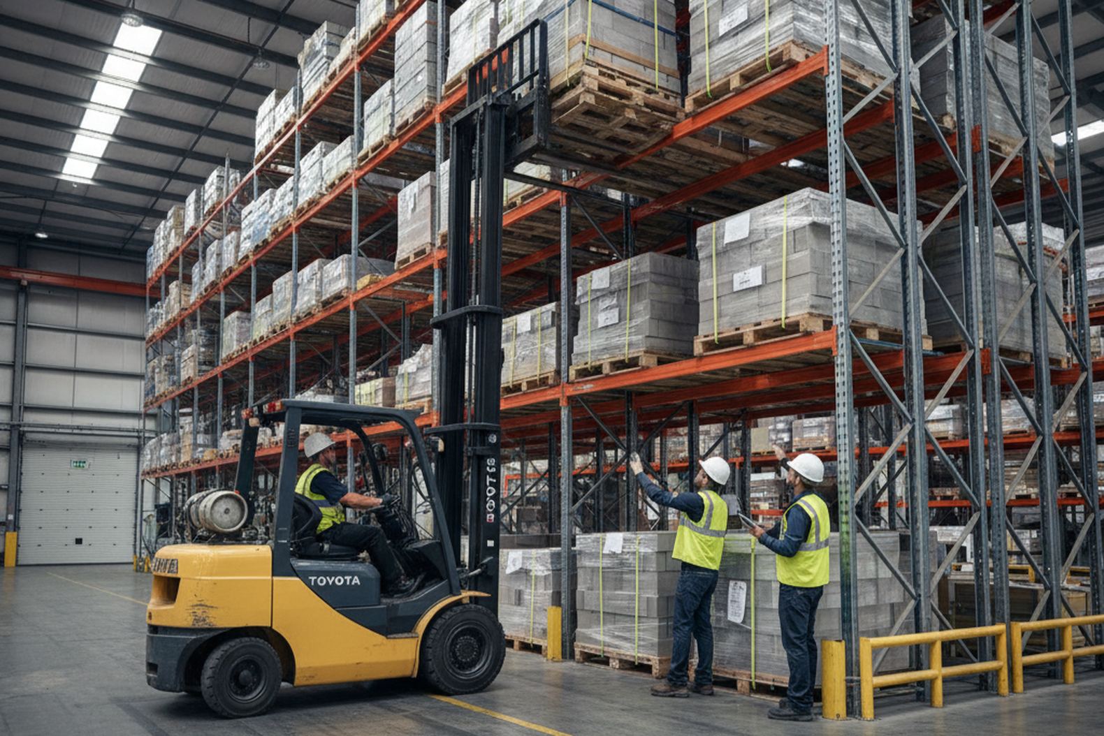 Погрузка строительных материалов на высотный стеллаж вилочным погрузчиком Toyota 8FG35