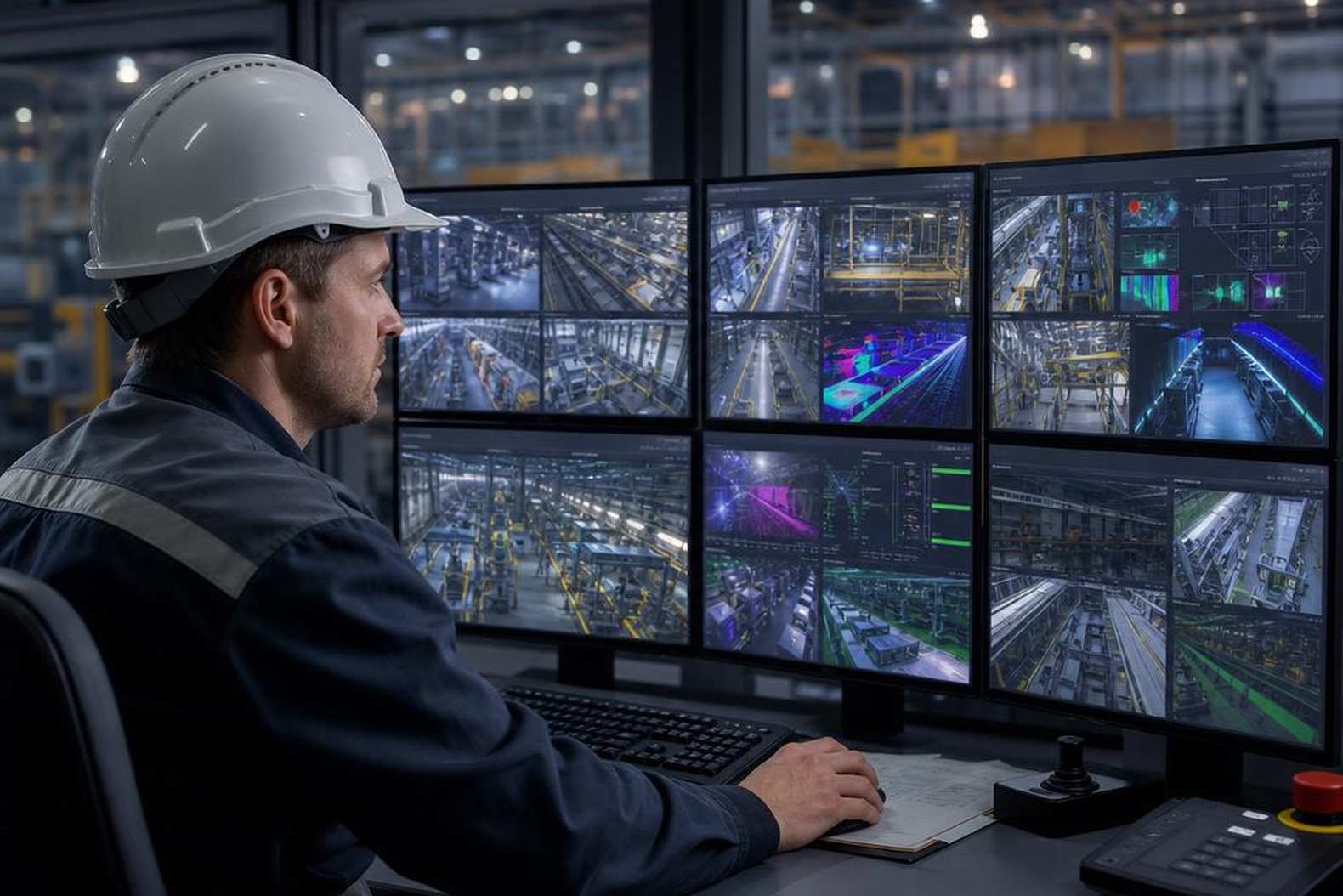 Оператор контролирует видеопотоки на промышленном мониторинговом посту