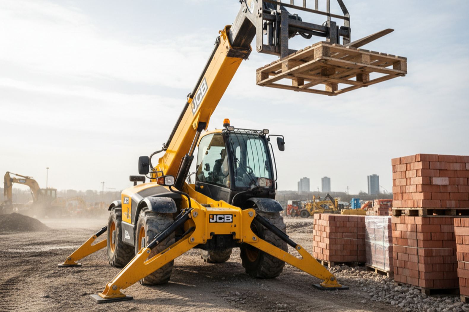 Погрузчик JCB с выносными аутригерами работает на неровном рельефе