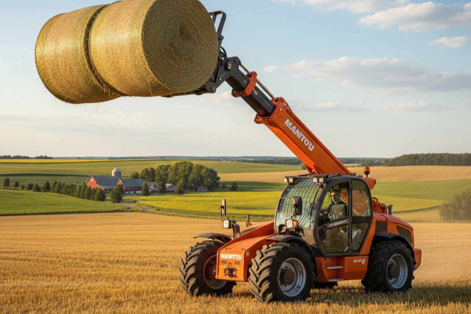 Телескопический погрузчик Manitou перемещает тюки сена на сельском поле