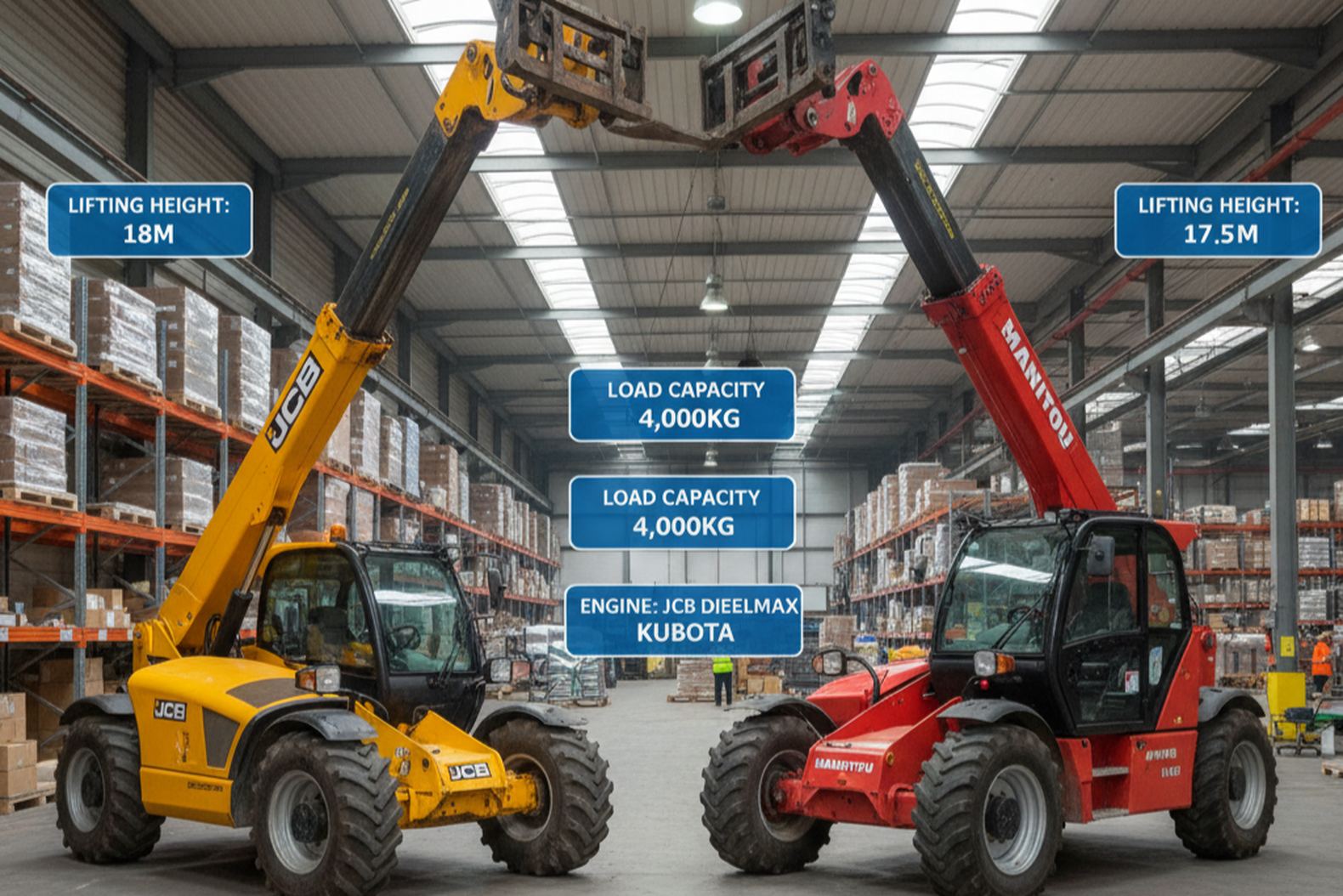 Визуальное сравнение характеристик погрузчиков JCB и Manitou для склада