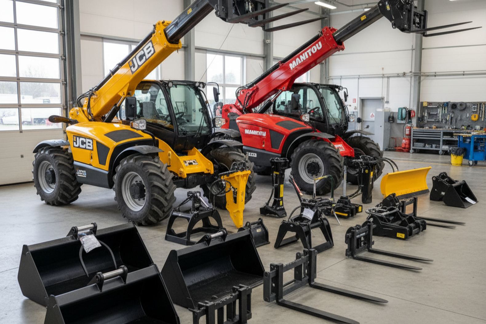 Навесное оборудование для телескопических погрузчиков JCB и Manitou на сервисном центре