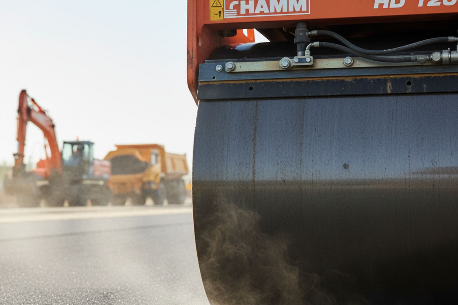 Барабан катка Hamm HD 120 на горячем асфальте