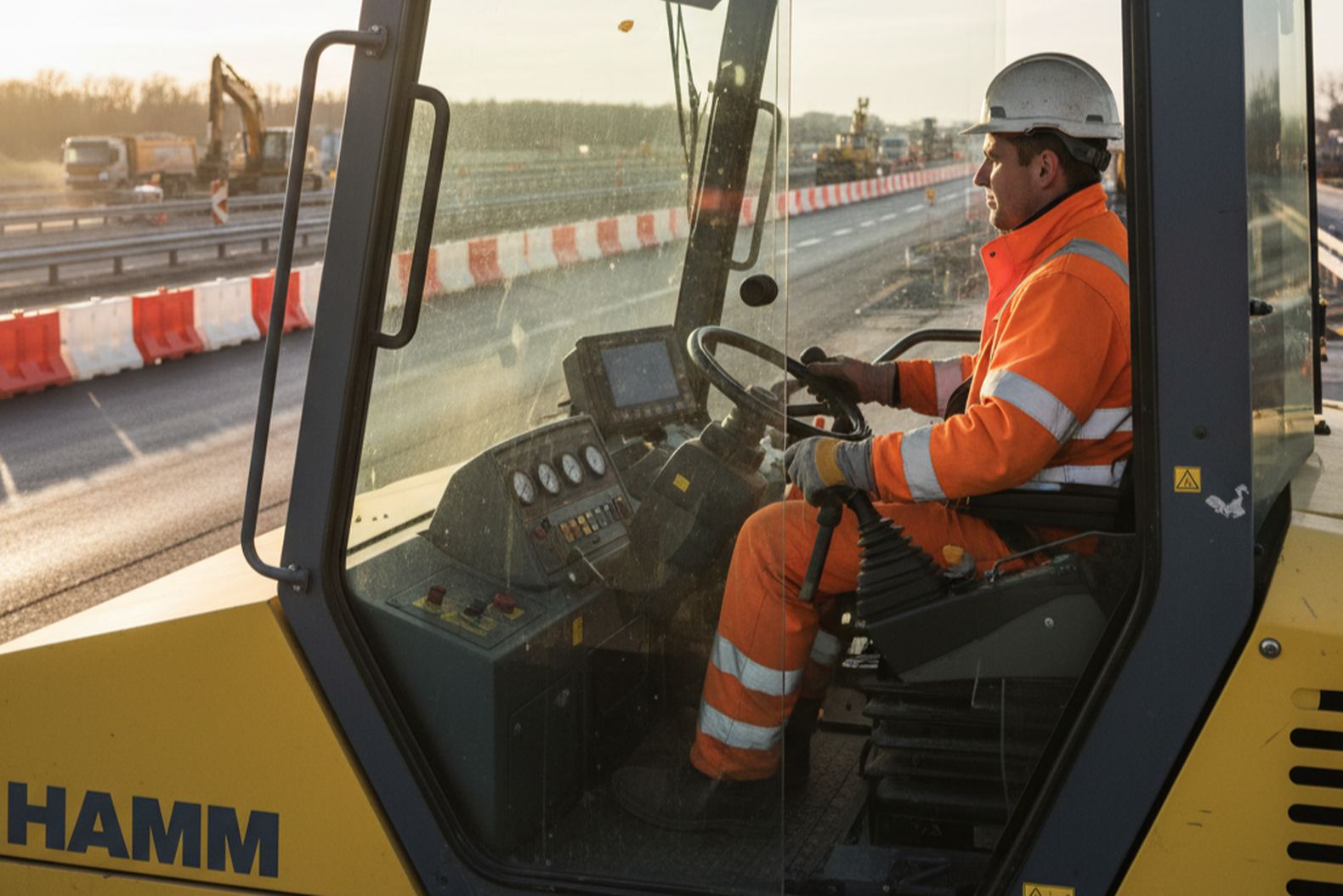 Оператор в кабине дорожного катка Hamm HD 120