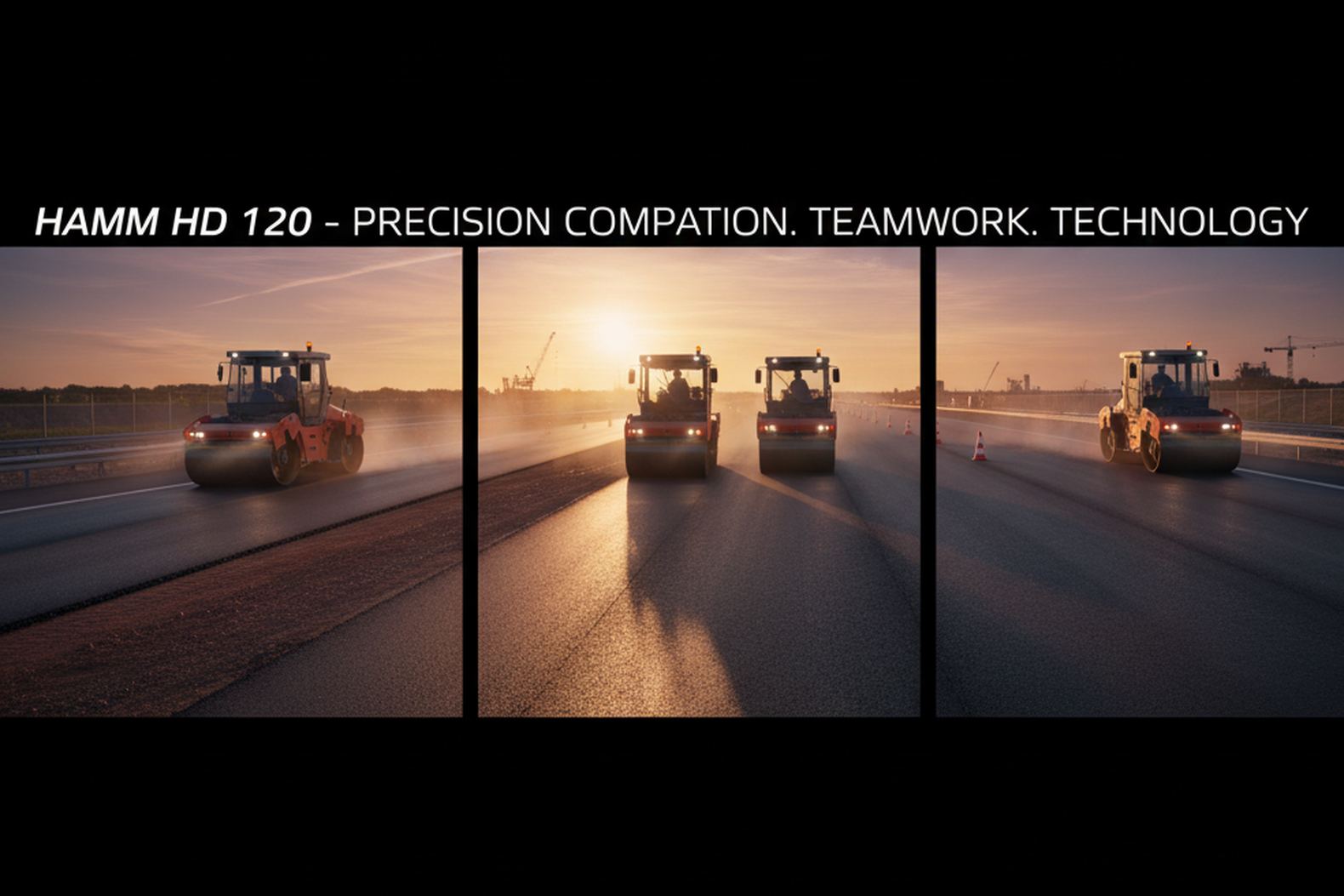 Колонна катков Hamm HD 120 на укладке многополосной трассы