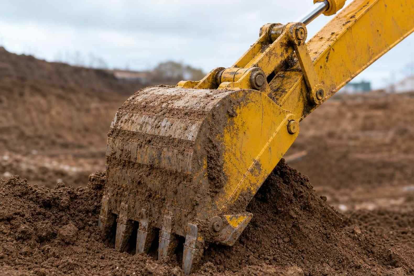 ковш экскаватора Komatsu крупным планом в грунте