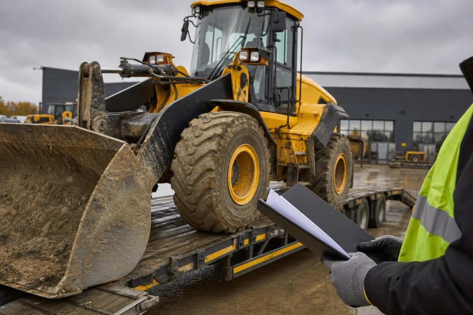 погрузка колесного погрузчика JCB на трал у дилера