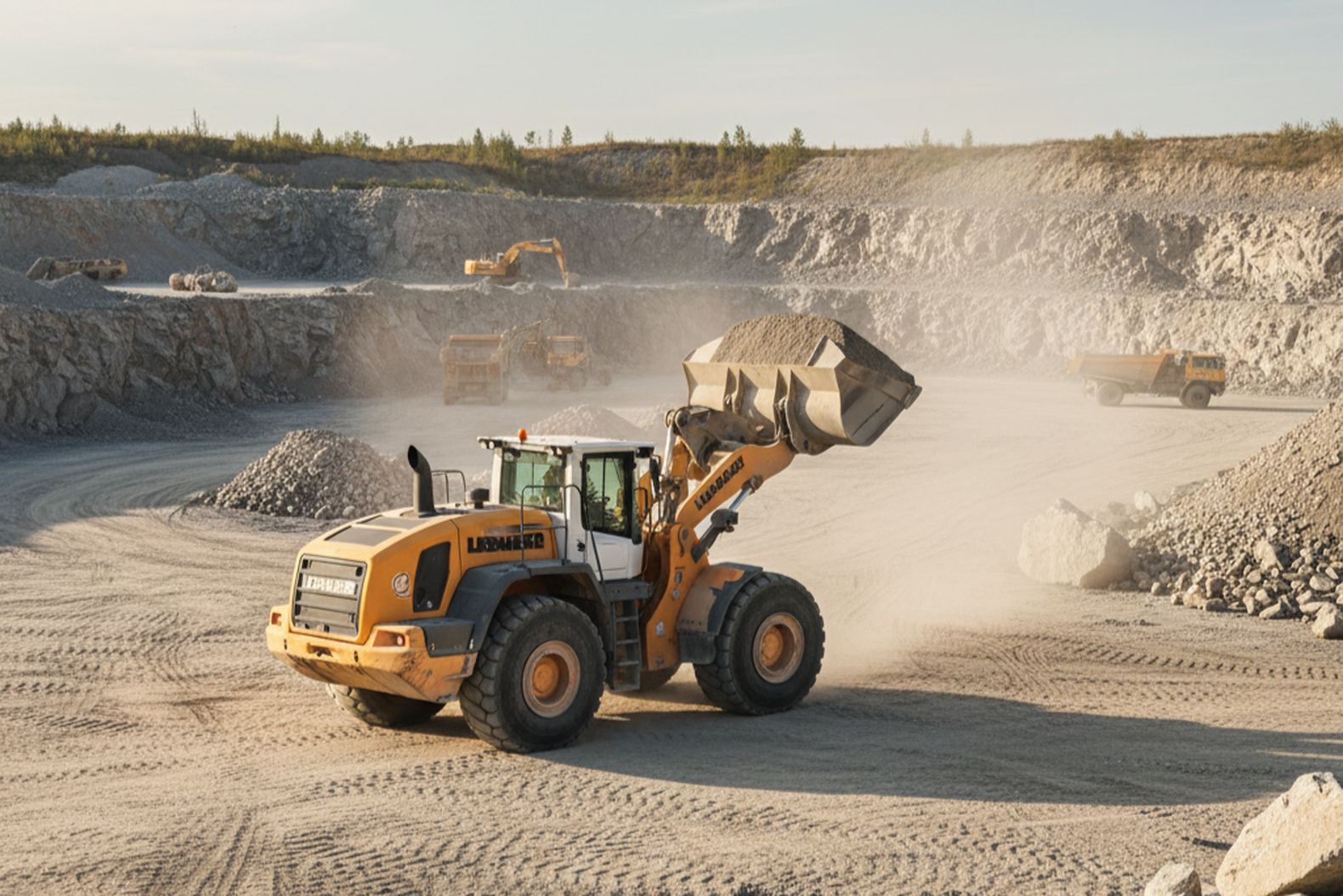 Liebherr L566 работает в карьере с тяжелыми материалами