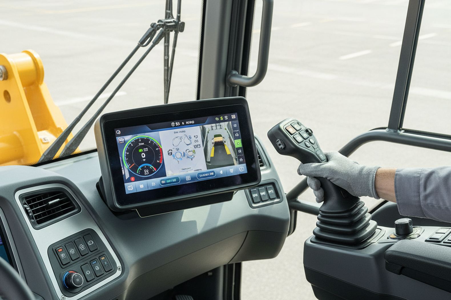 Современное рабочее место оператора Volvo L120 с джойстиками и дисплеем