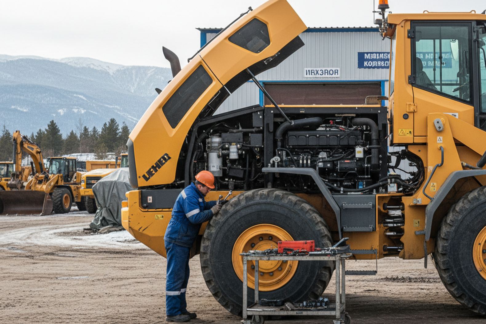 Механик проводит техническое обслуживание Liebherr L566 на сервисной базе