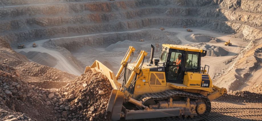 карьерный бульдозер Komatsu D155AX-6 на рабочем участке в раскопе
