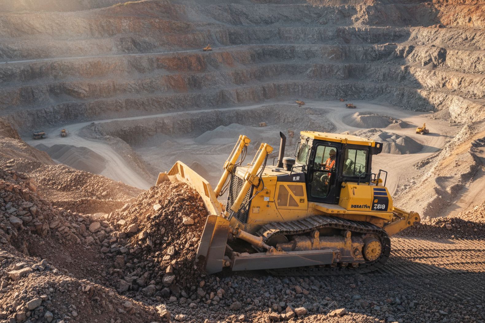 карьерный бульдозер Komatsu D155AX-6 на рабочем участке в раскопе