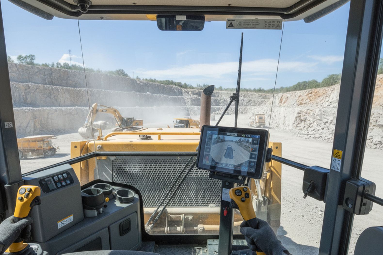рабочее место оператора в современной кабине бульдозера Caterpillar D9T с видом на карьер
