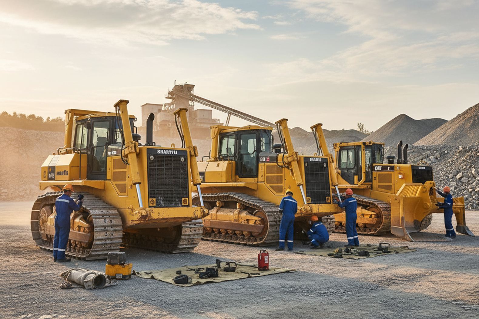 сравнение трех карьерных бульдозеров Komatsu D155AX-6, Shantui SD32 и Caterpillar D8T на техническом осмотре