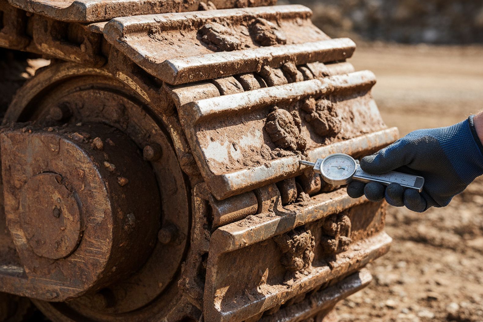 гусеница карьерного бульдозера Liebherr PR764 во время проверки сервисным специалистом