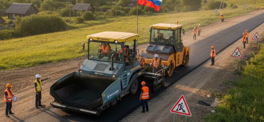 Современное дорожное строительство в России, работа катка и асфальтоукладчика