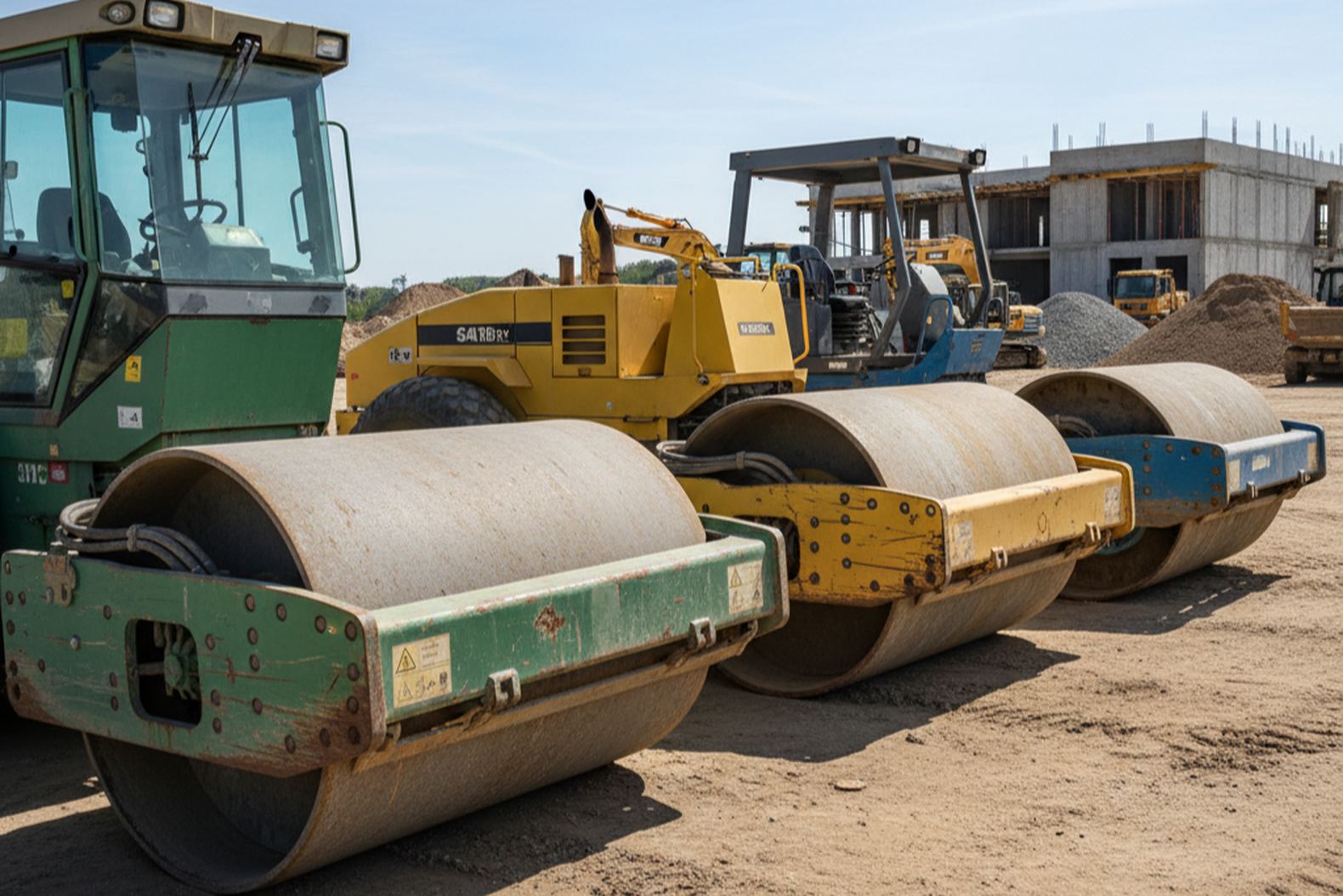 Различные типы дорожных катков на строительной площадке