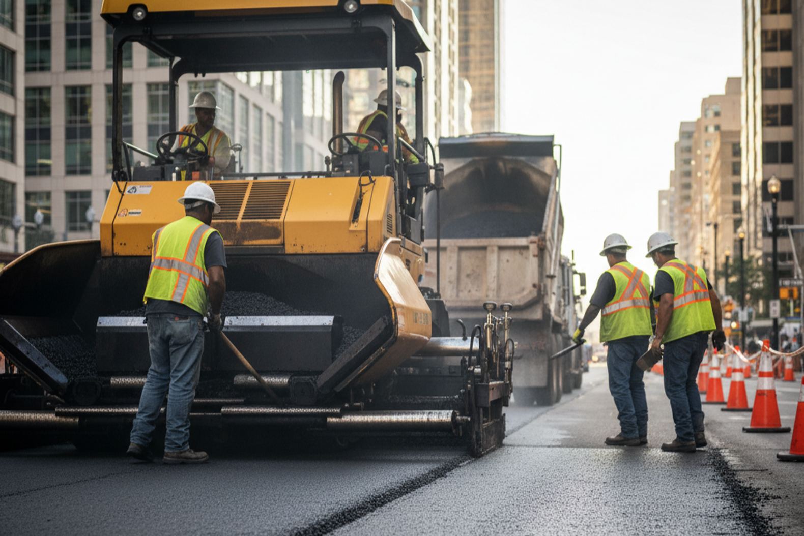 Асфальтоукладчик при устройстве городских дорог
