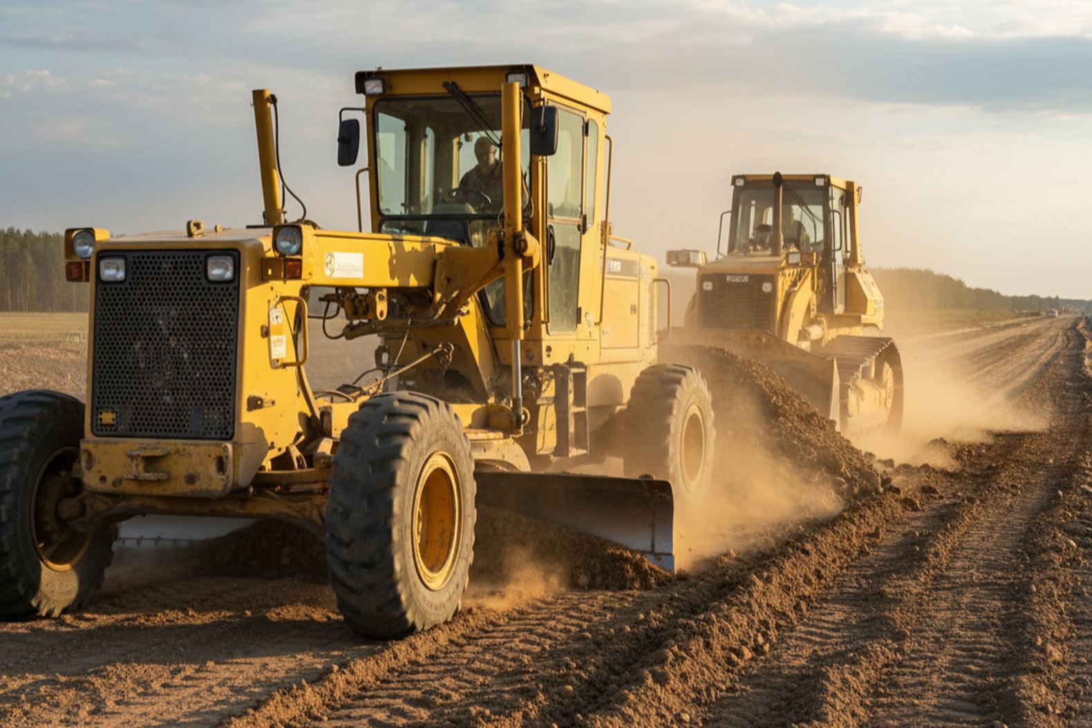 Грейдер и бульдозер на этапе подготовки дорожного основания