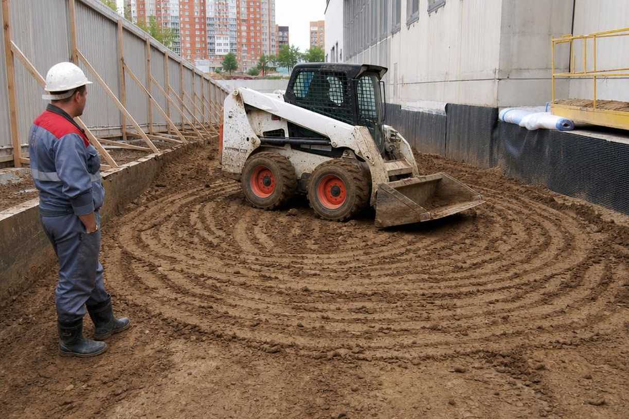 Skid-steer разворачивается на месте в узком проходе