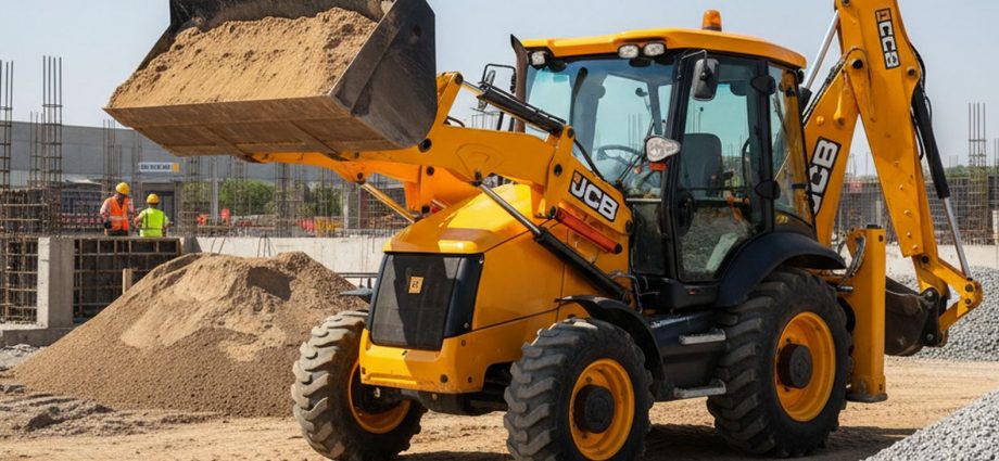 Современный экскаватор-погрузчик JCB 3CX на строительной площадке при замене фильтров
