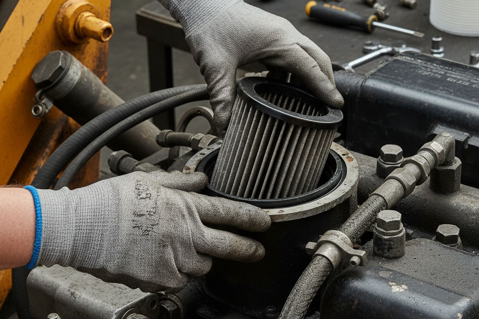 Замена воздушного фильтра на экскаваторе-погрузчике в сервисной зоне