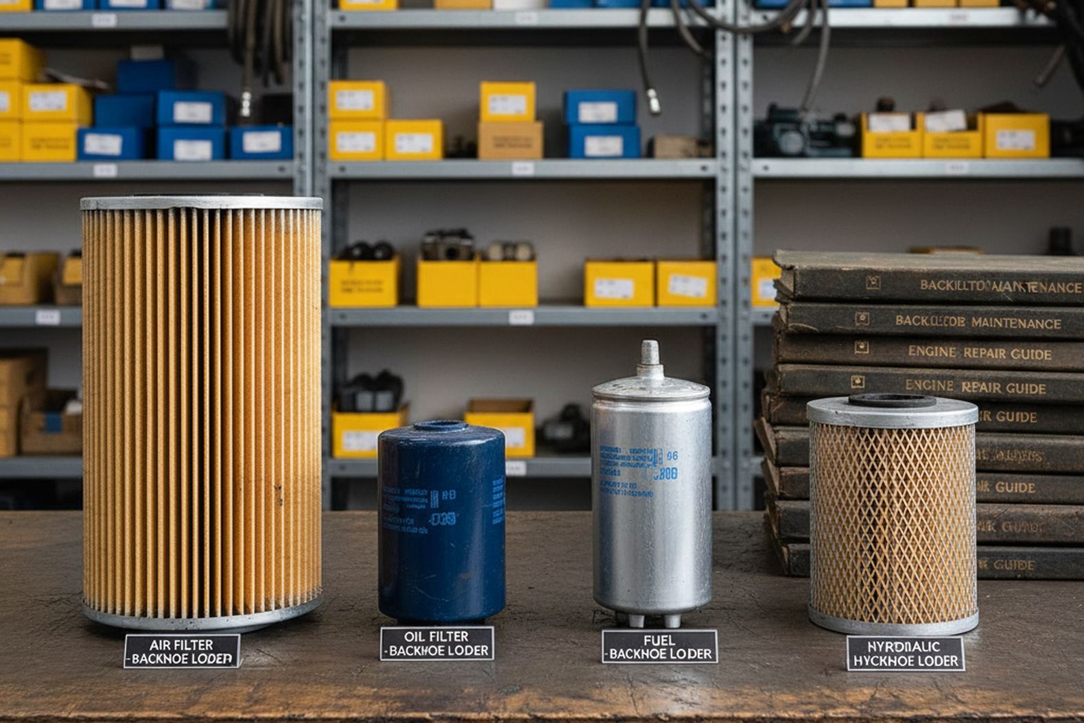Основные типы фильтров для экскаватора-погрузчика на рабочем столе механика