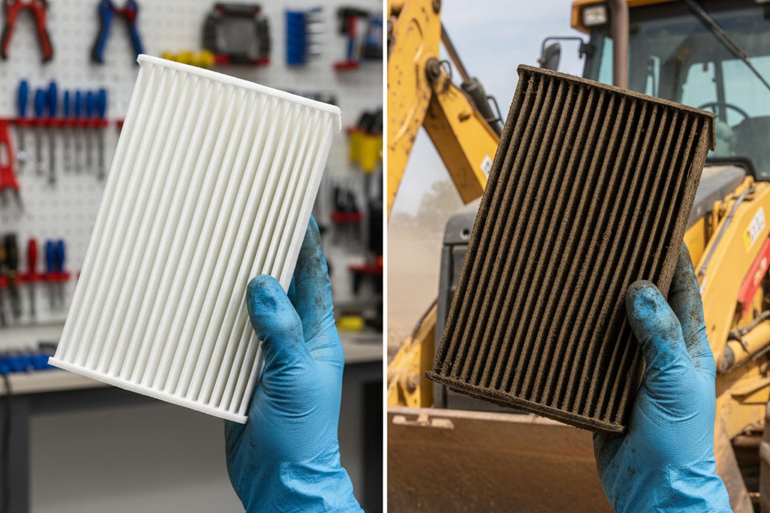 Сравнение нового и загрязнённого воздушного фильтра для спецтехники