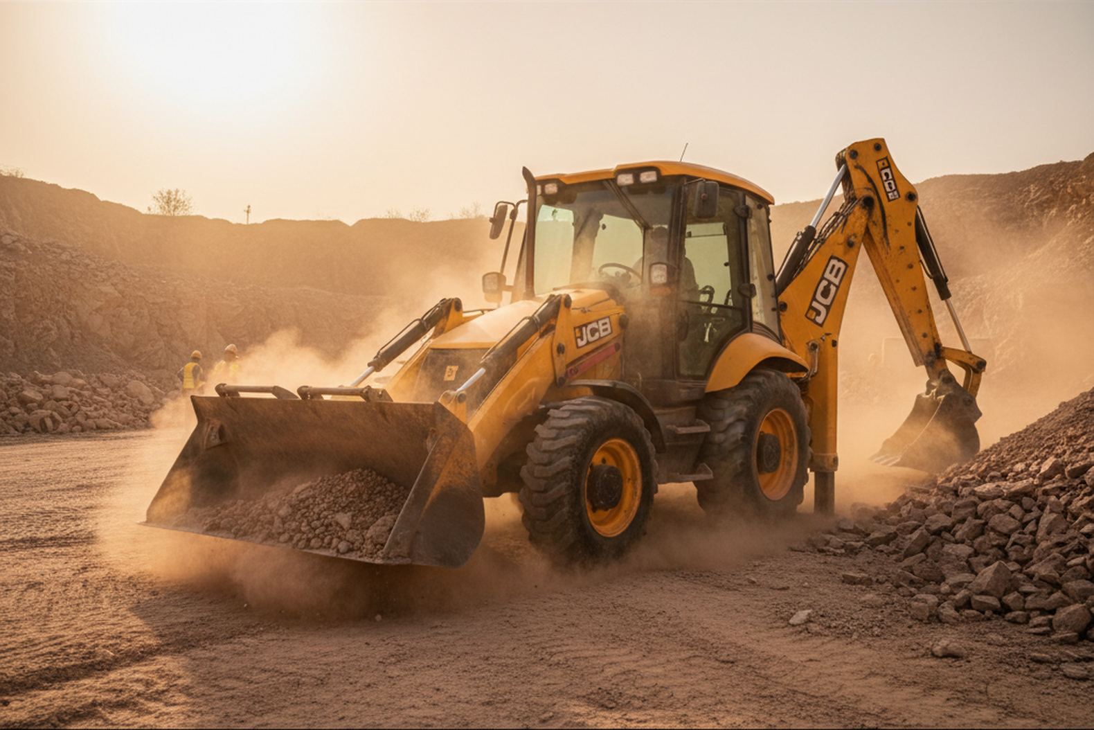 Экскаватор-погрузчик JCB 3CX работает в условиях сильной запылённости карьера