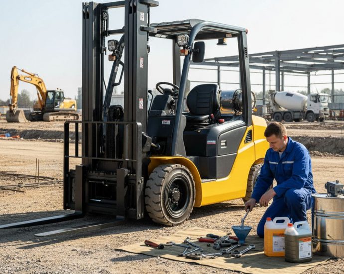 Современный погрузчик и механик при подготовке к техническому обслуживанию на строительной площадке