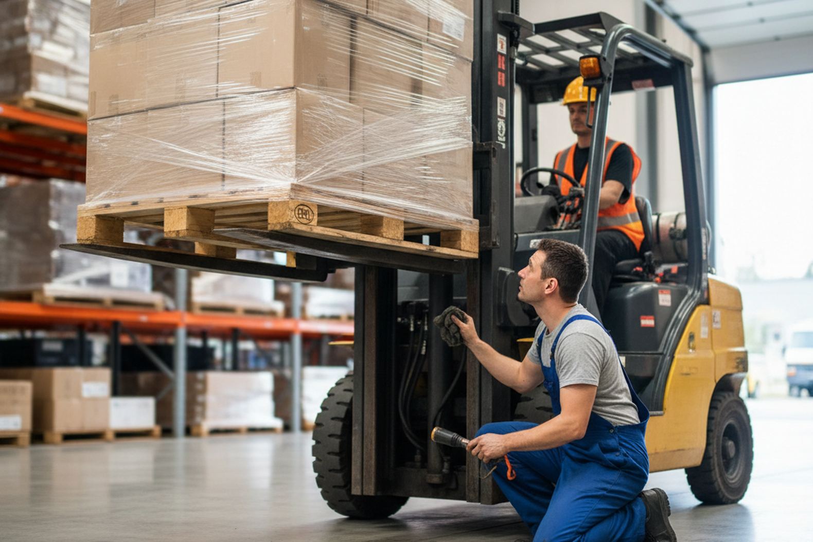 Погрузчик после обслуживания гидросистемы поднимает груз, механик проверяет исправность работы