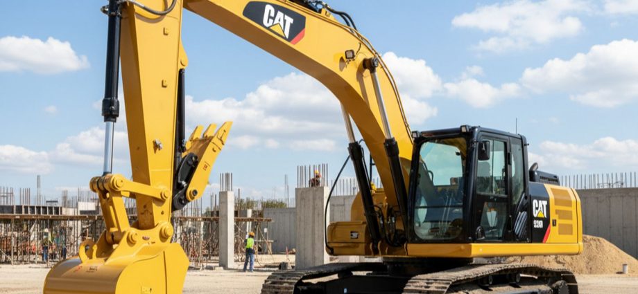 Экскаватор CAT 320 со свежей стрелой и ковшом на строительной площадке